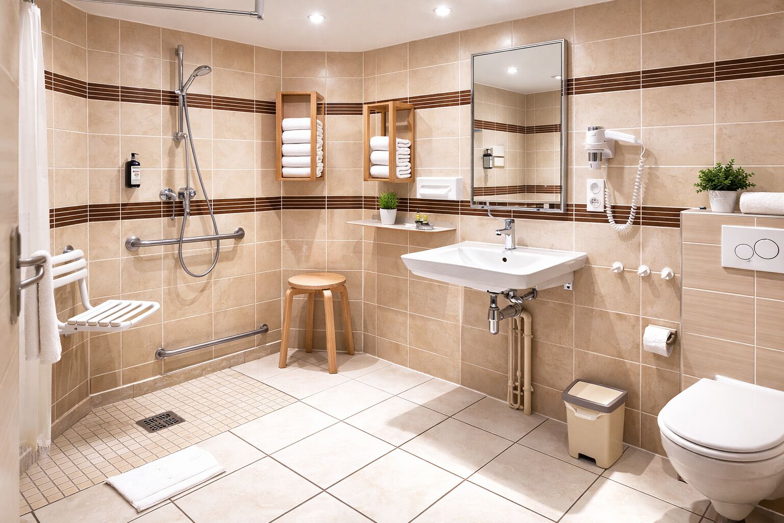A modern bathroom with a shower, toilet, sink, and a mirror.