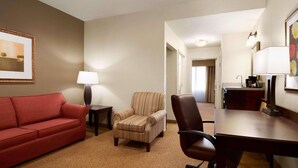 Una habitación de hotel con sofá rojo, sillón a rayas, silla de escritorio, escritorio, lámpara y un cuadro en la pared.