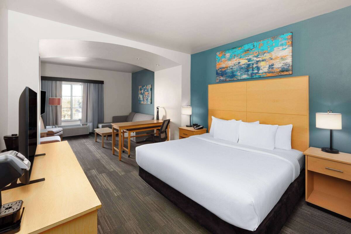 Habitación de hotel con una cama grande, un escritorio, una silla, un televisor y un cuadro en la pared.