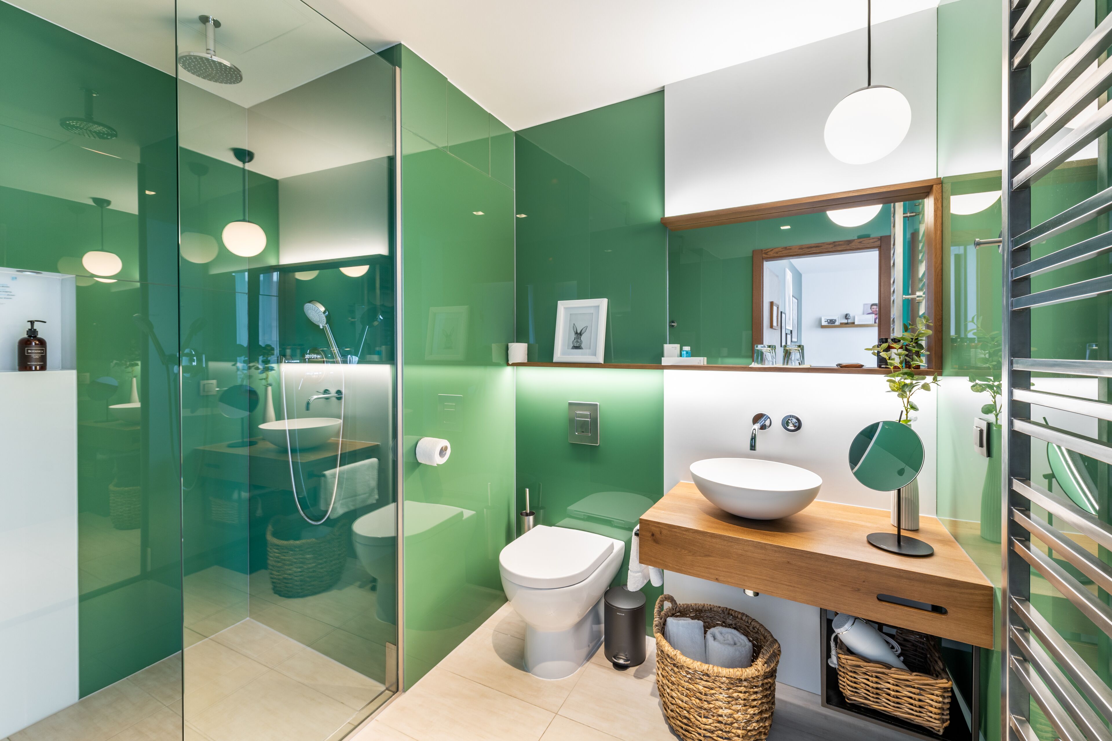 shower, rainfall showerhead, designer toiletries, hair dryer