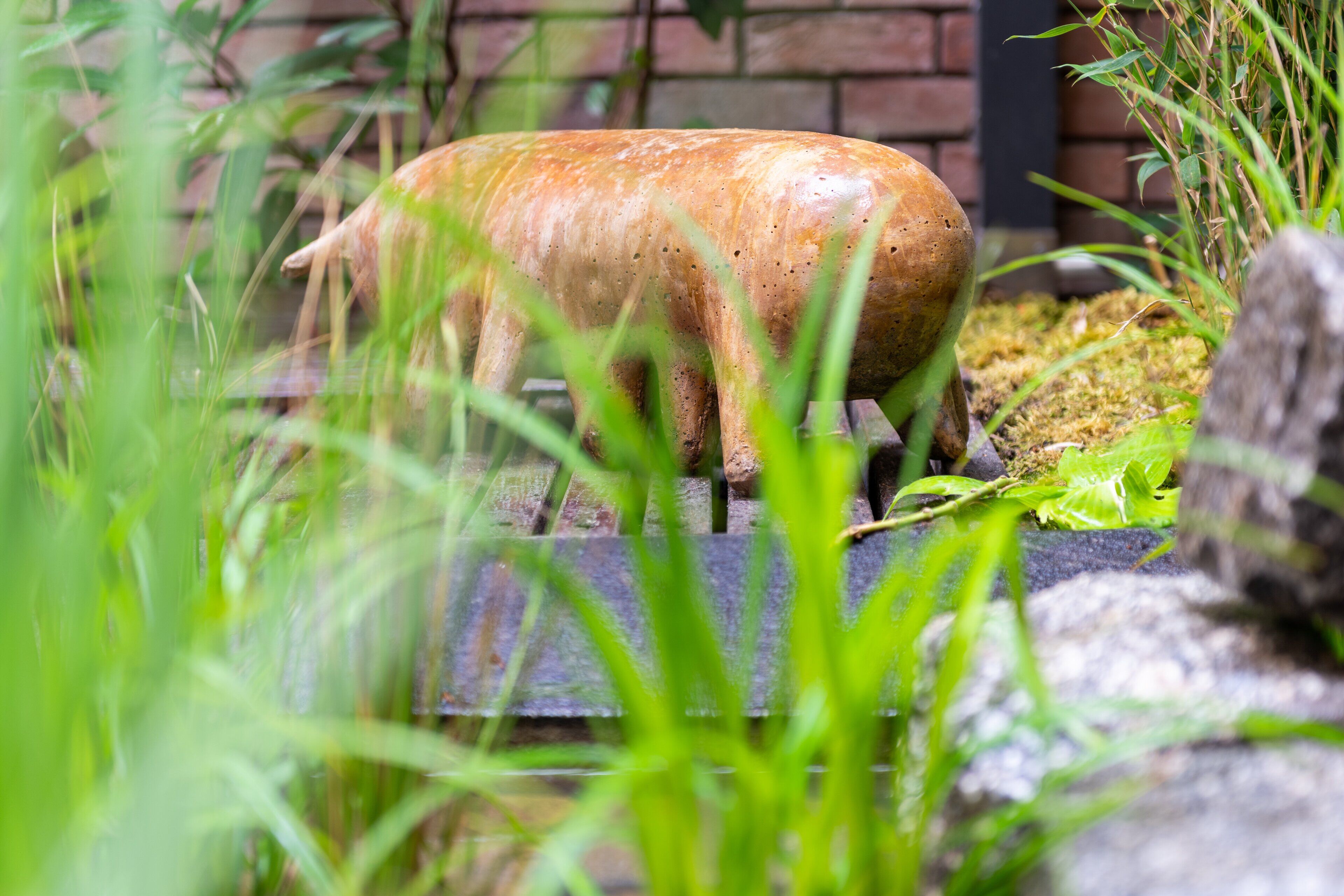 A pig statue in a garden with green grass and a brick wall in the background.