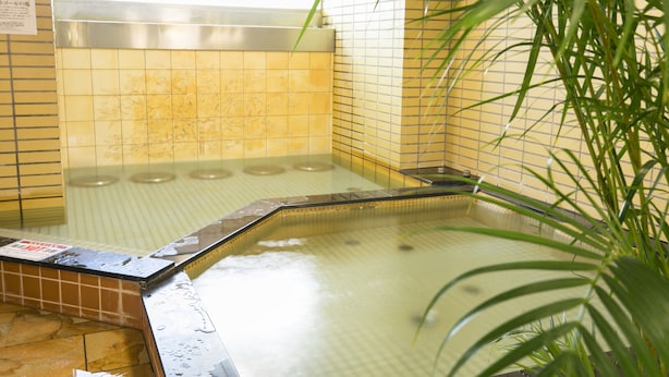 Un pequeño espacio con jacuzzi, baldosas, barandilla metálica y una planta al frente.