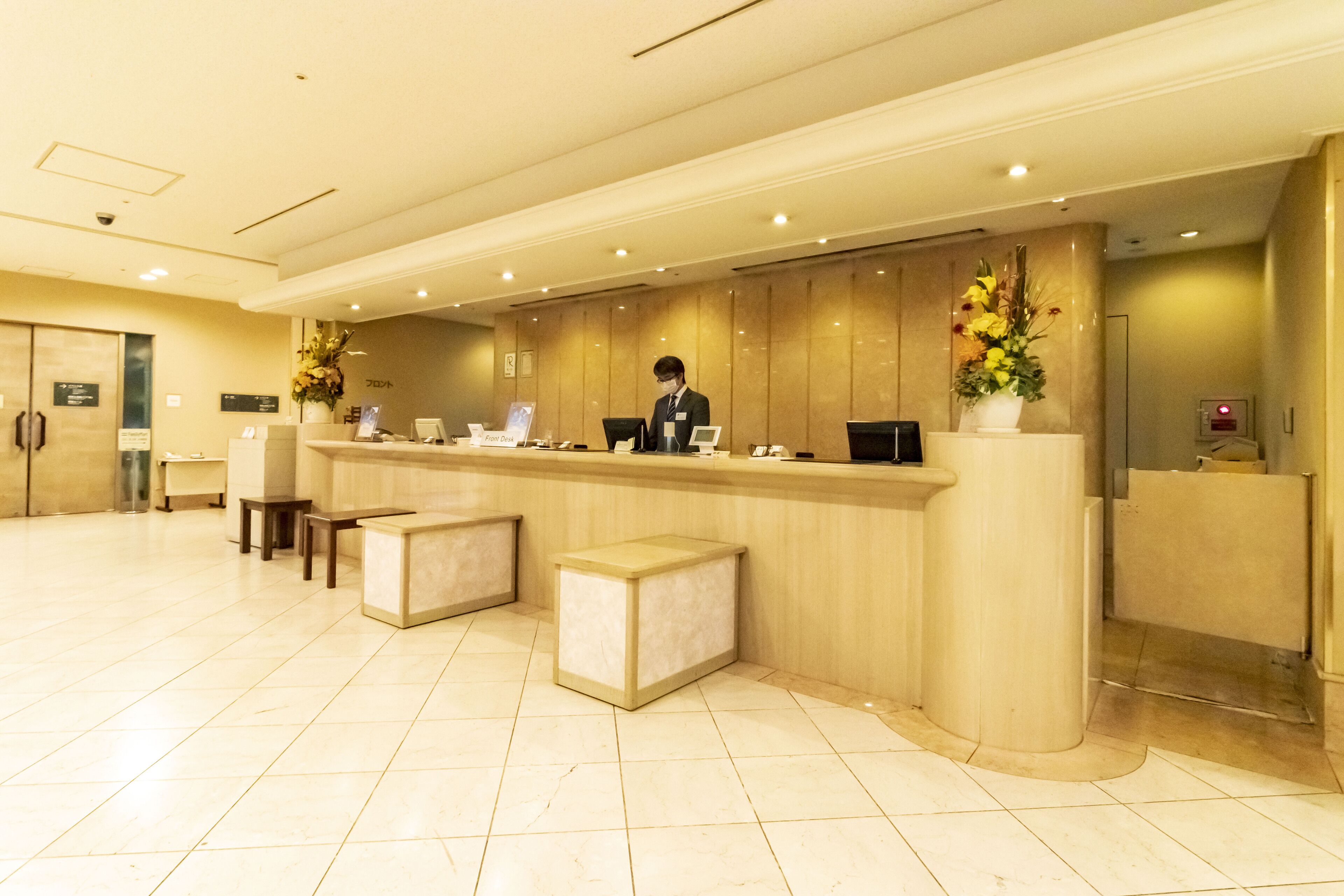 A hotel reception area with a reception desk, a man standing behind it, and a potted plant.
