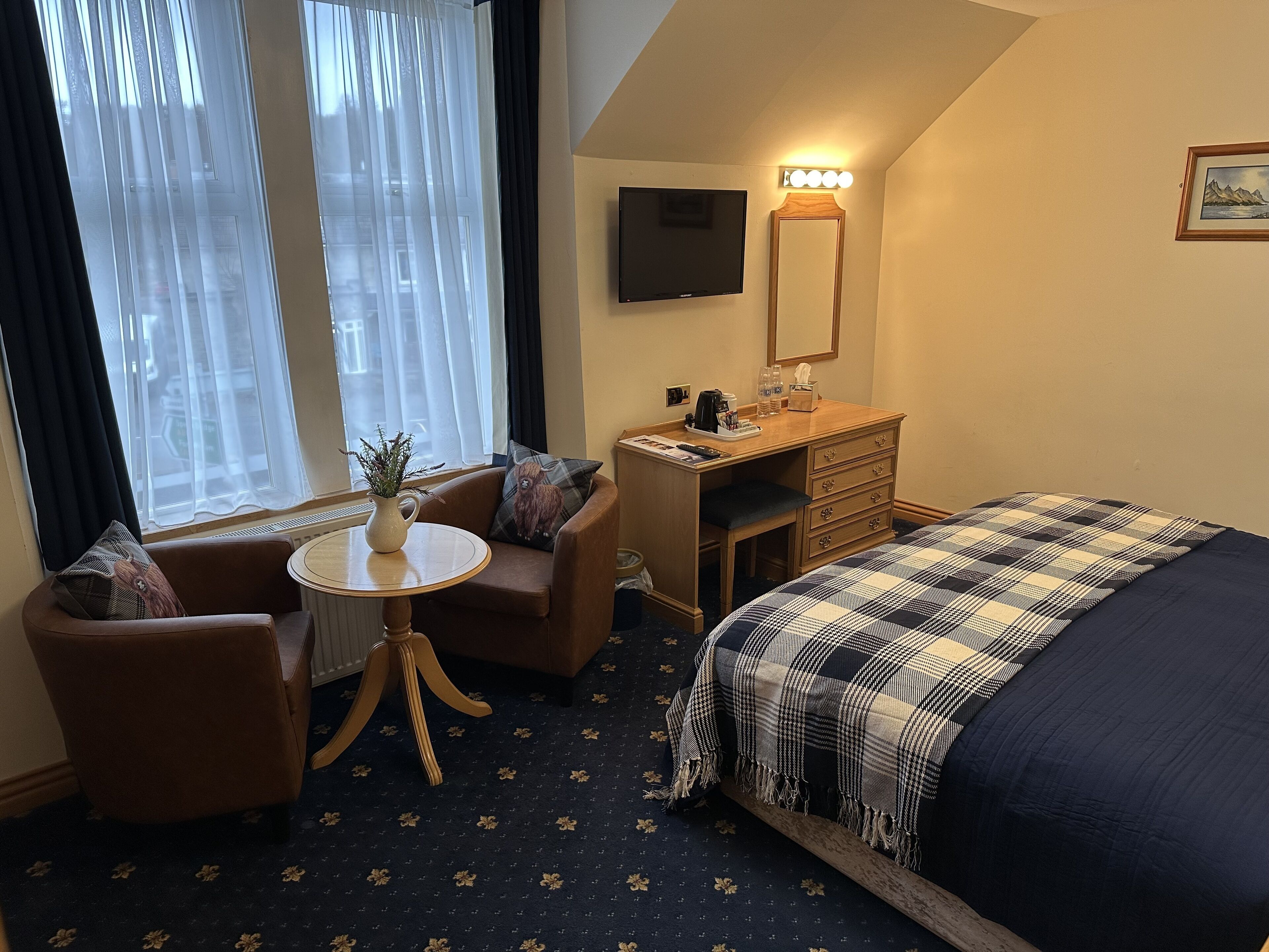 A hotel room with a bed, a desk, a chair, a small table with a plant, a TV, and a window with curtains.