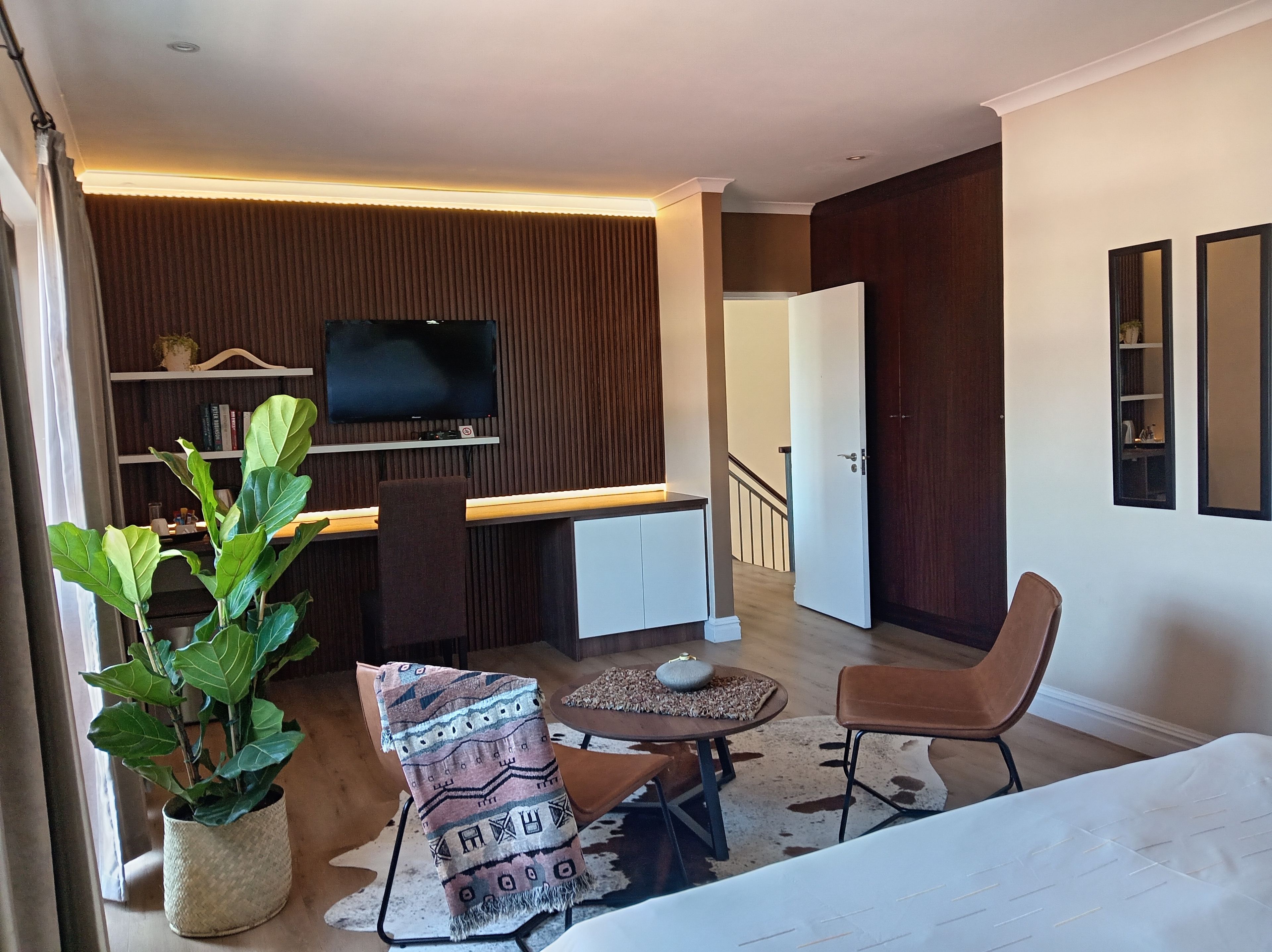 A compact hotel room with a bed, a small desk with a television, a chair, a sofa, and a potted plant.