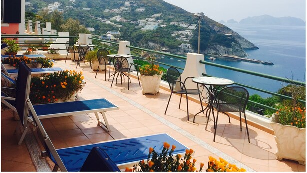 A terrace with outdoor seating, overlooking a coastal town and the sea. - Hotel Ortensia (Ponza)