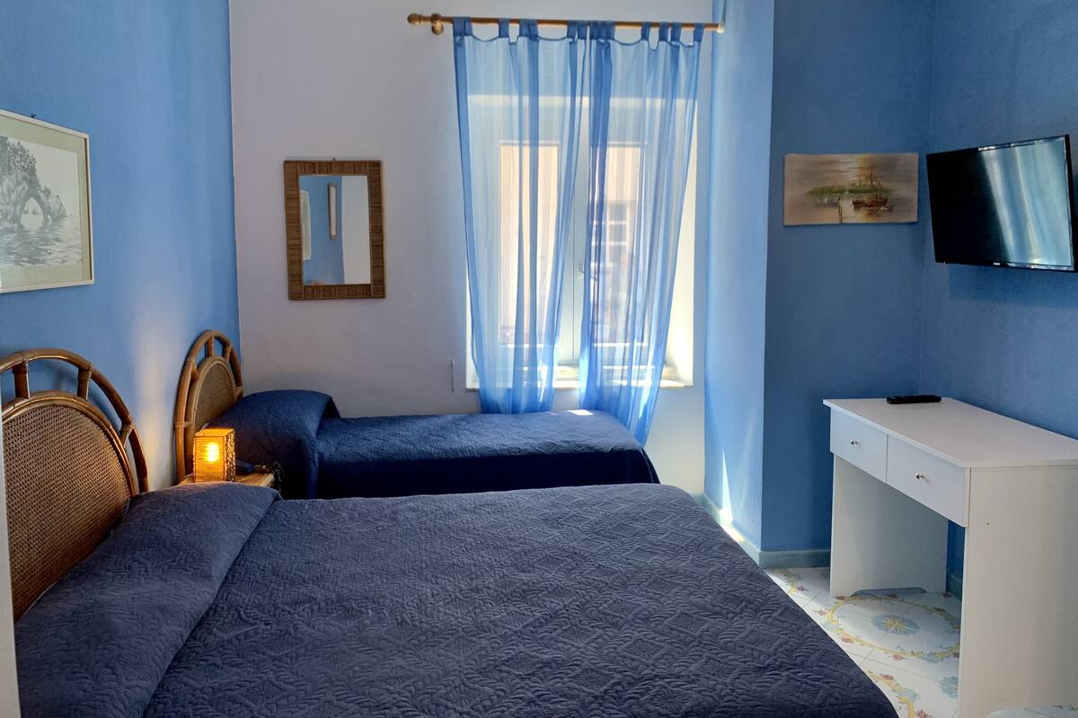 Une chambre avec deux lits, un bureau, une télévision et une fenêtre avec des rideaux.