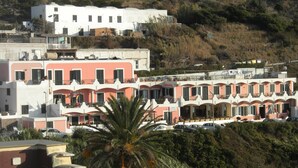 A coastal building with multiple balconies, a palm tree in the foreground, and a hillside in the background. - Hotel Ortensia (Ponza)