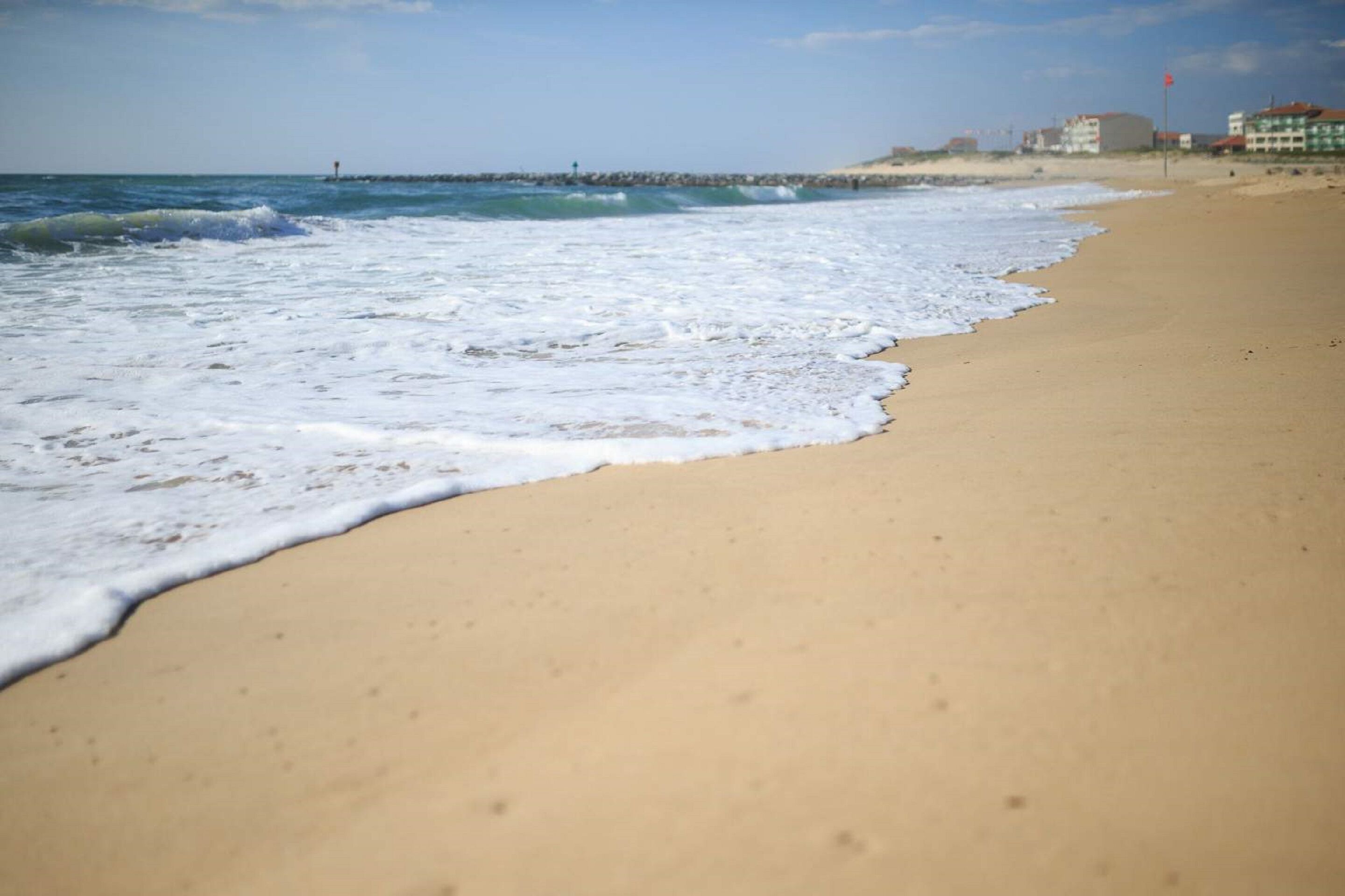 Una playa con olas, un muelle y edificios al fondo.
