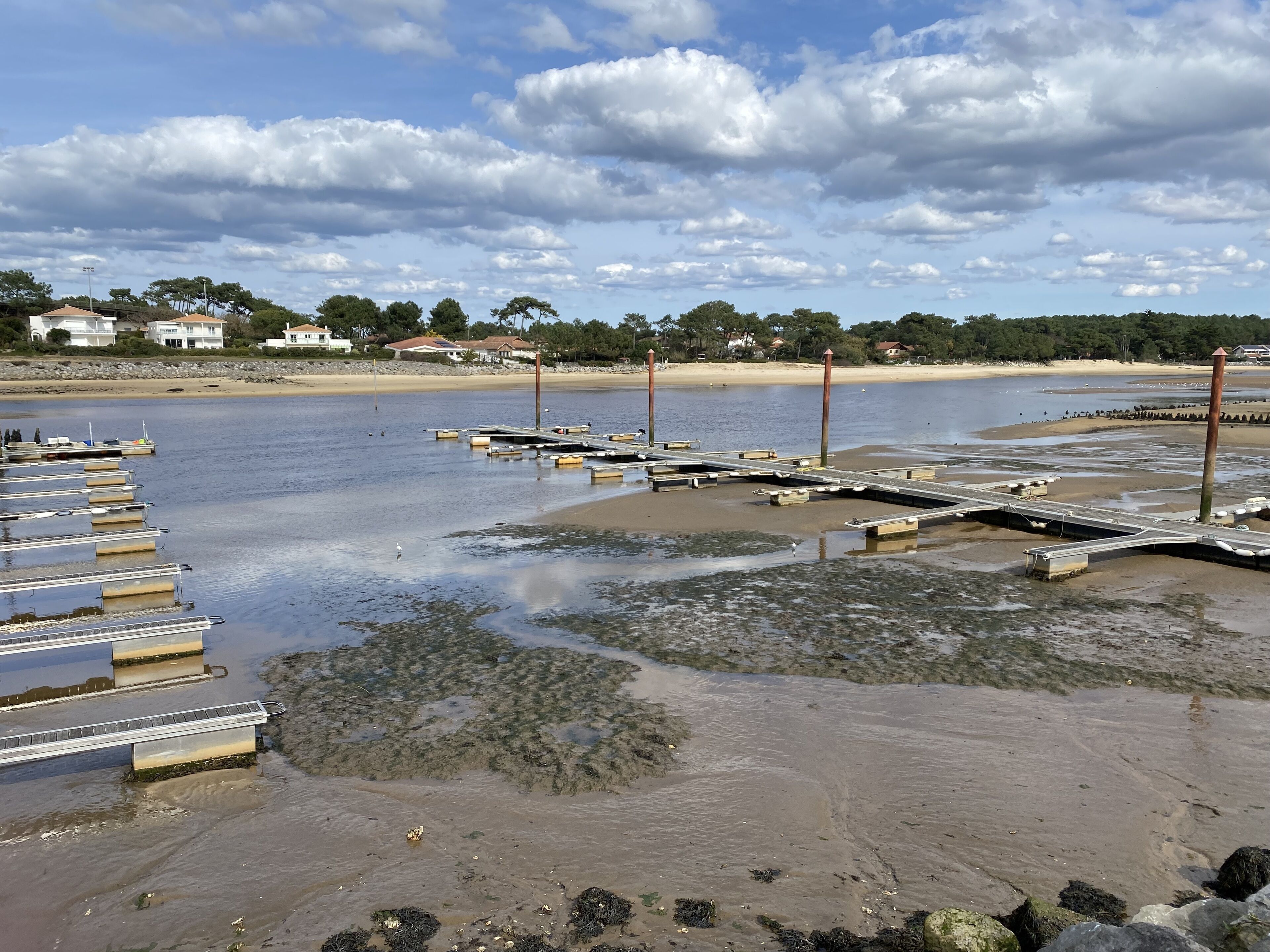 A waterfront area with docks and a sandy beach.