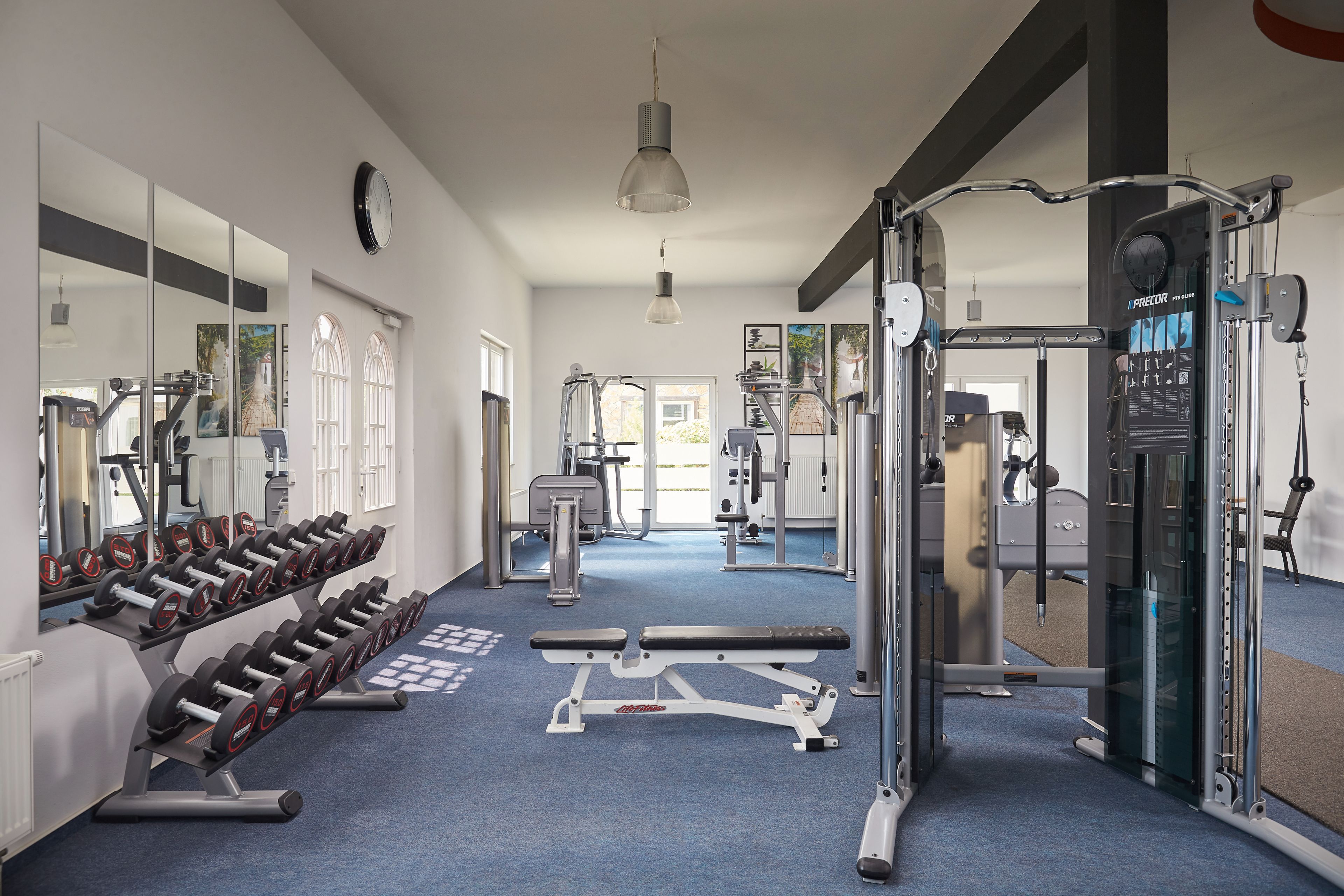 A gym with exercise equipment, mirrors, and a blue carpet.