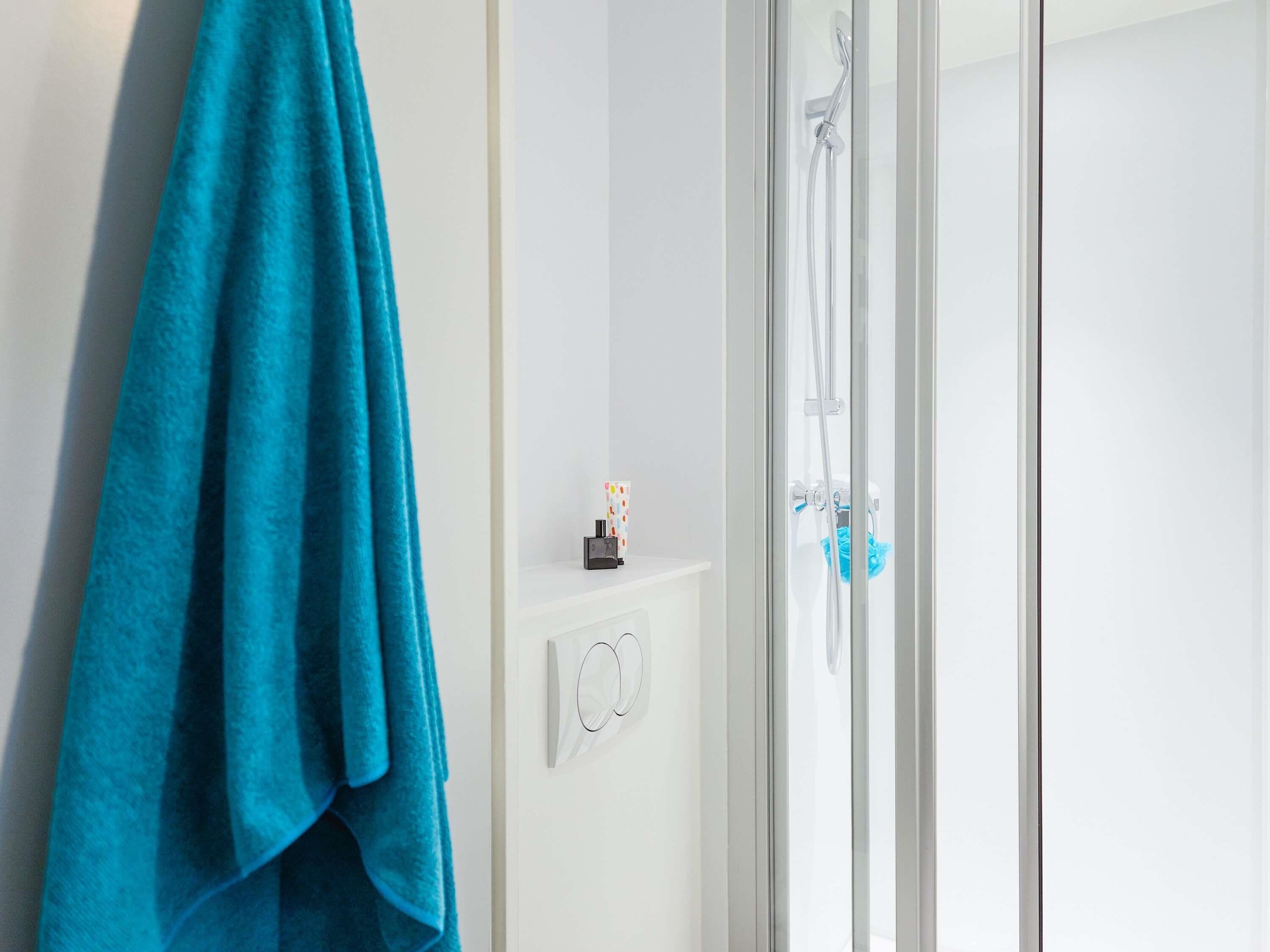 Une salle de bain avec une douche à parois de verre, un porte-serviettes avec une serviette bleue et une petite étagère contenant des articles de toilette.