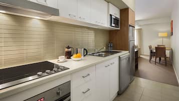 Microwave, stovetop, coffee/tea maker, cookware/dishes/utensils