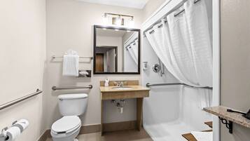 A bathroom with a toilet, sink, mirror, and shower curtain.