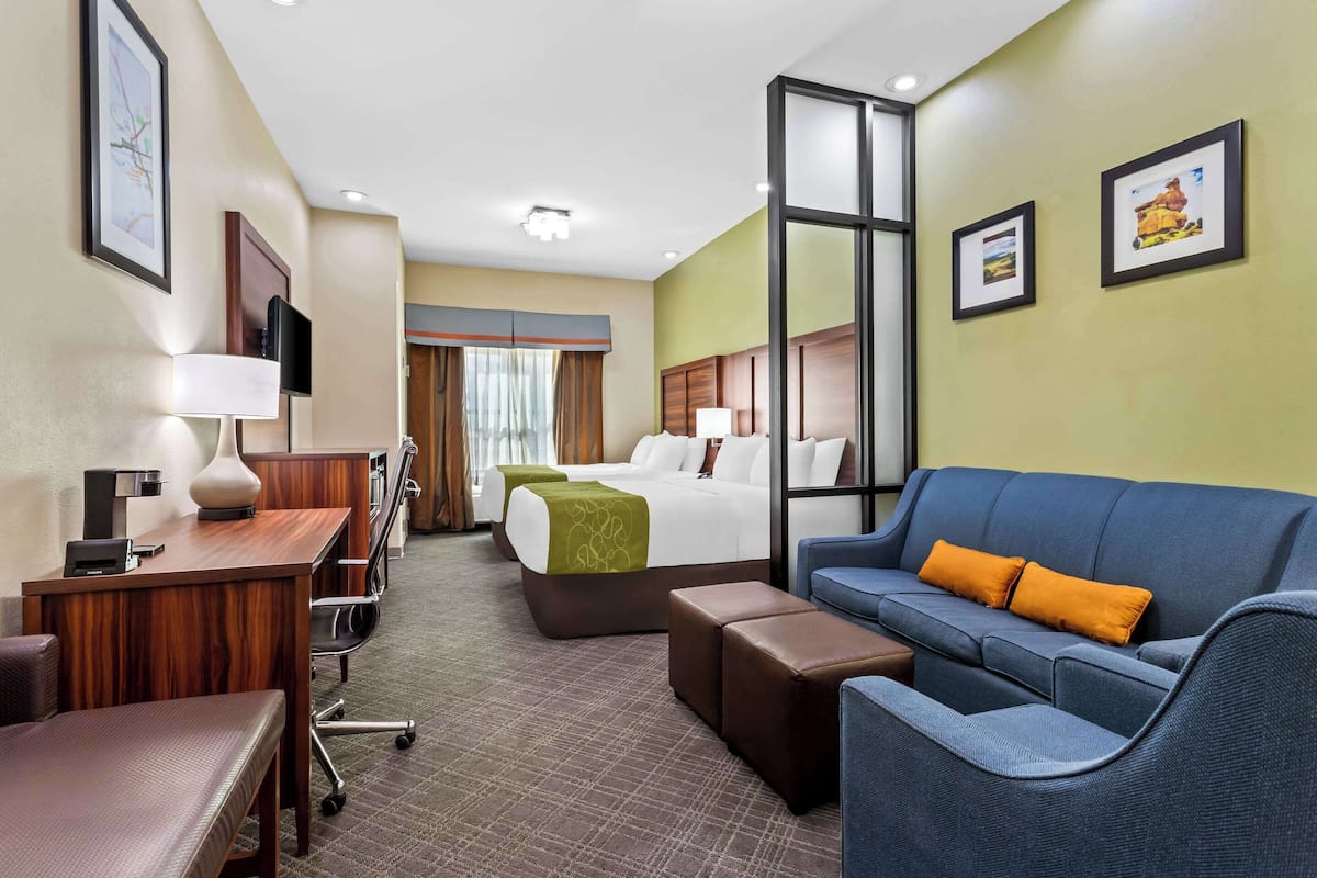 suite, multiple beds, non smoking | pillow-top beds, desk, laptop workspace, iron/ironing board
