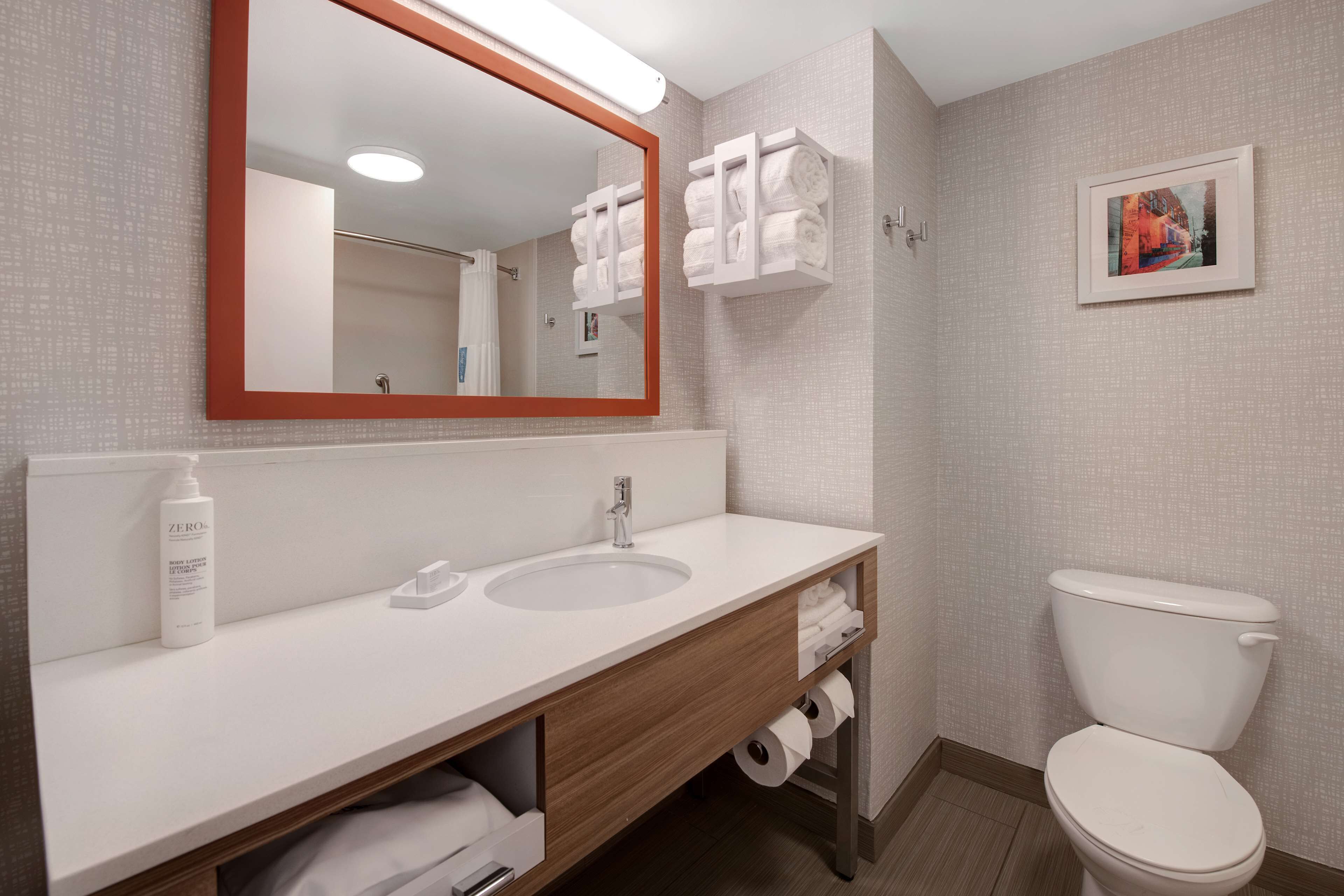 two queens | bathroom | hair dryer, towels