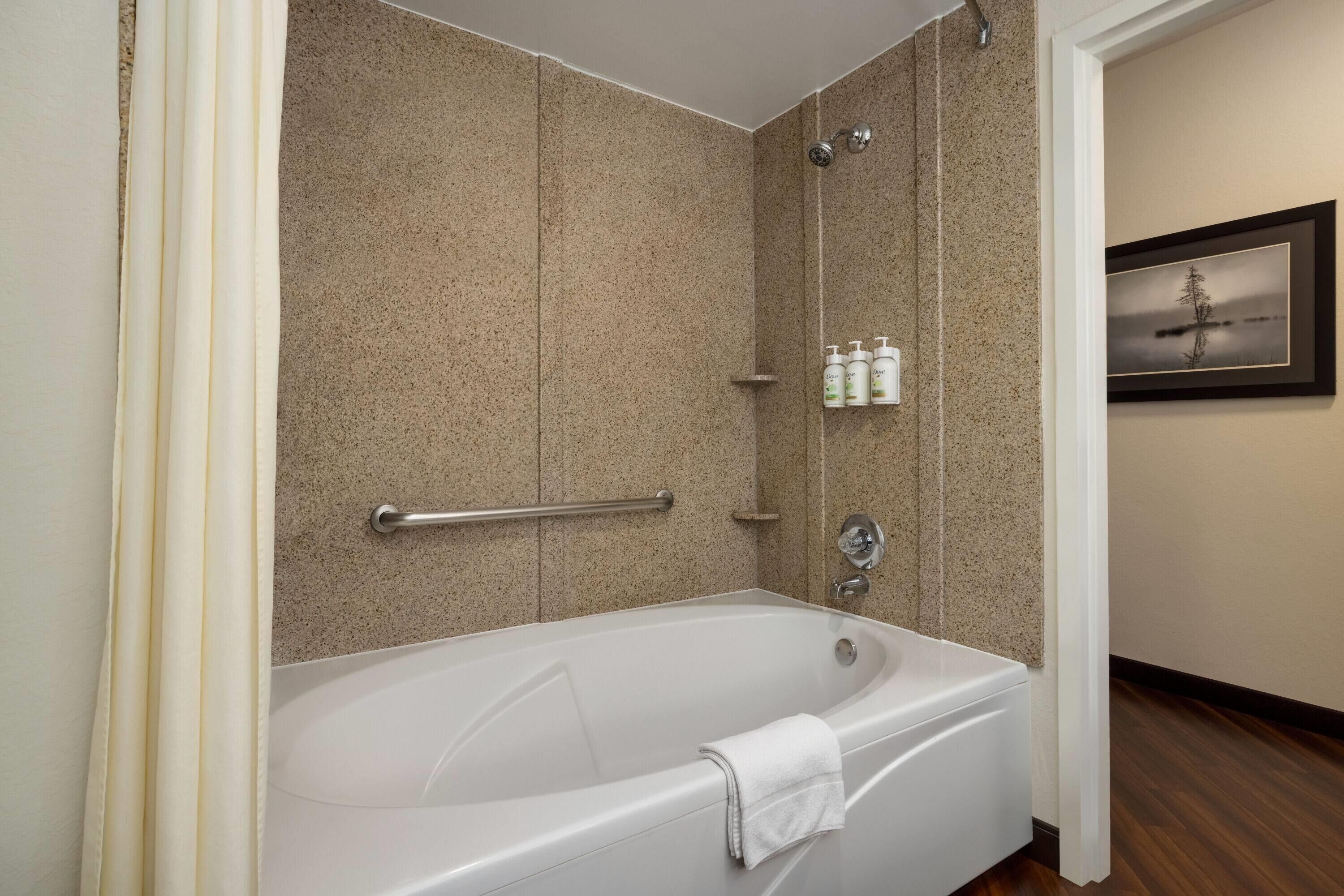combined shower/bathtub, free toiletries, hair dryer, towels
