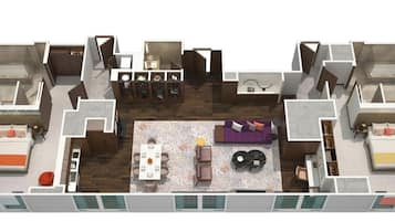 A 3D floor plan of a modern apartment with two bedrooms, a living room, a dining area, and a kitchen.
