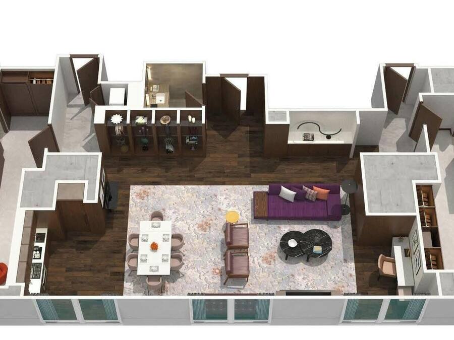 Plano de planta en 3D de un apartamento moderno con dos dormitorios, sala de estar, comedor y cocina.