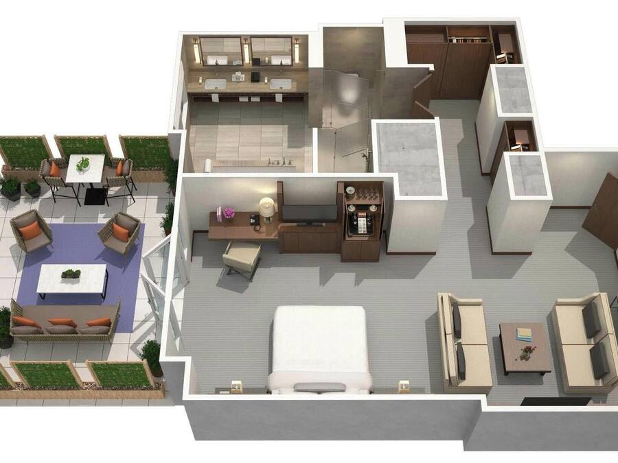 Pianta 3D di un moderno appartamento con soggiorno, cucina, zona pranzo e due camere da letto.