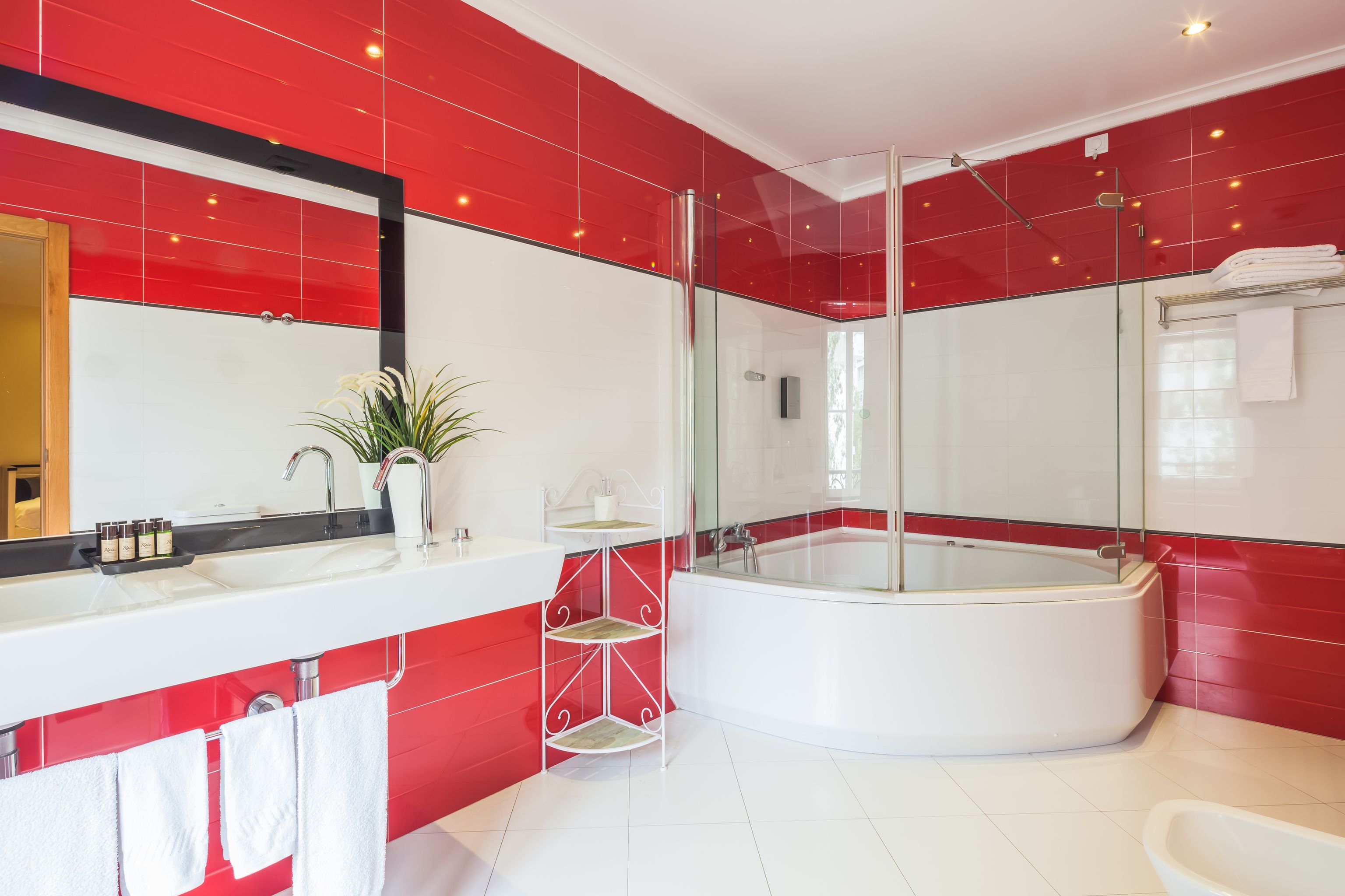 deluxe double room | bathroom | shower, free toiletries, hair dryer, towels