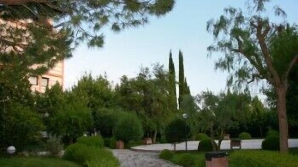 Un camino pavimentado que atraviesa un jardín ajardinado con diversos árboles y arbustos.