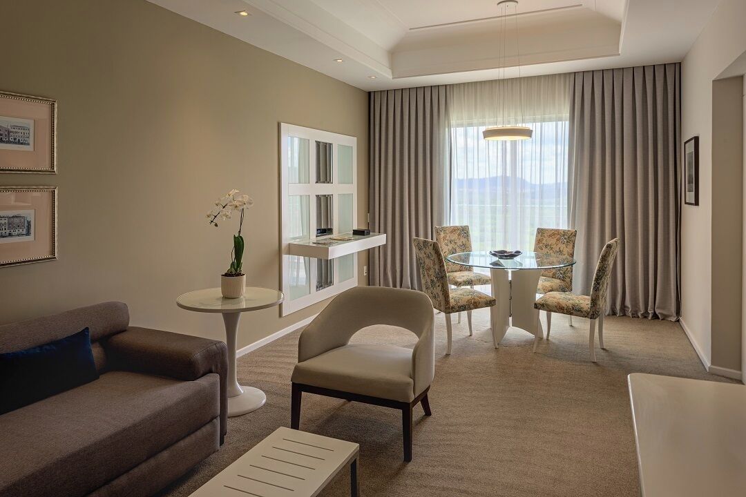 Une chambre d’hôtel moderne équipée d’un canapé, d’un fauteuil, d’une table à manger et d’une plante en pot.