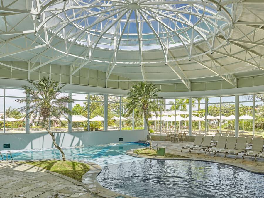 An indoor swimming pool with a glass ceiling, lounge chairs, and palm trees.