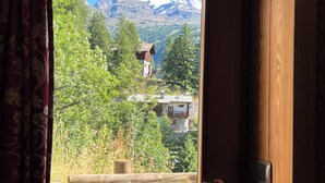 A window view of a mountainous landscape with snow-capped peaks, dense green trees, and several small buildings.