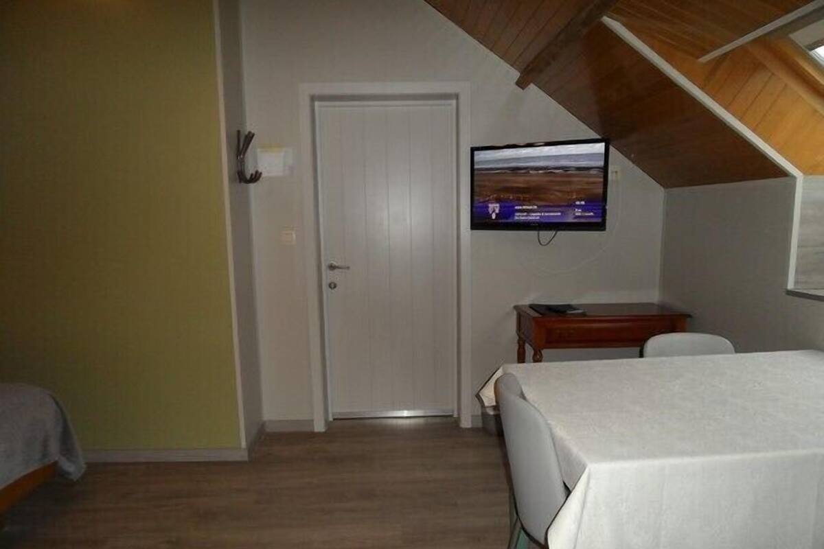Un alojamiento pequeño, de una sola habitación, con techo de madera, televisor montado en la pared, una cama, una mesita y una silla.