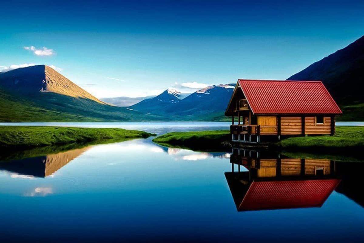 A wooden cabin with a red roof by a calm lake, surrounded by green hills and mountains.