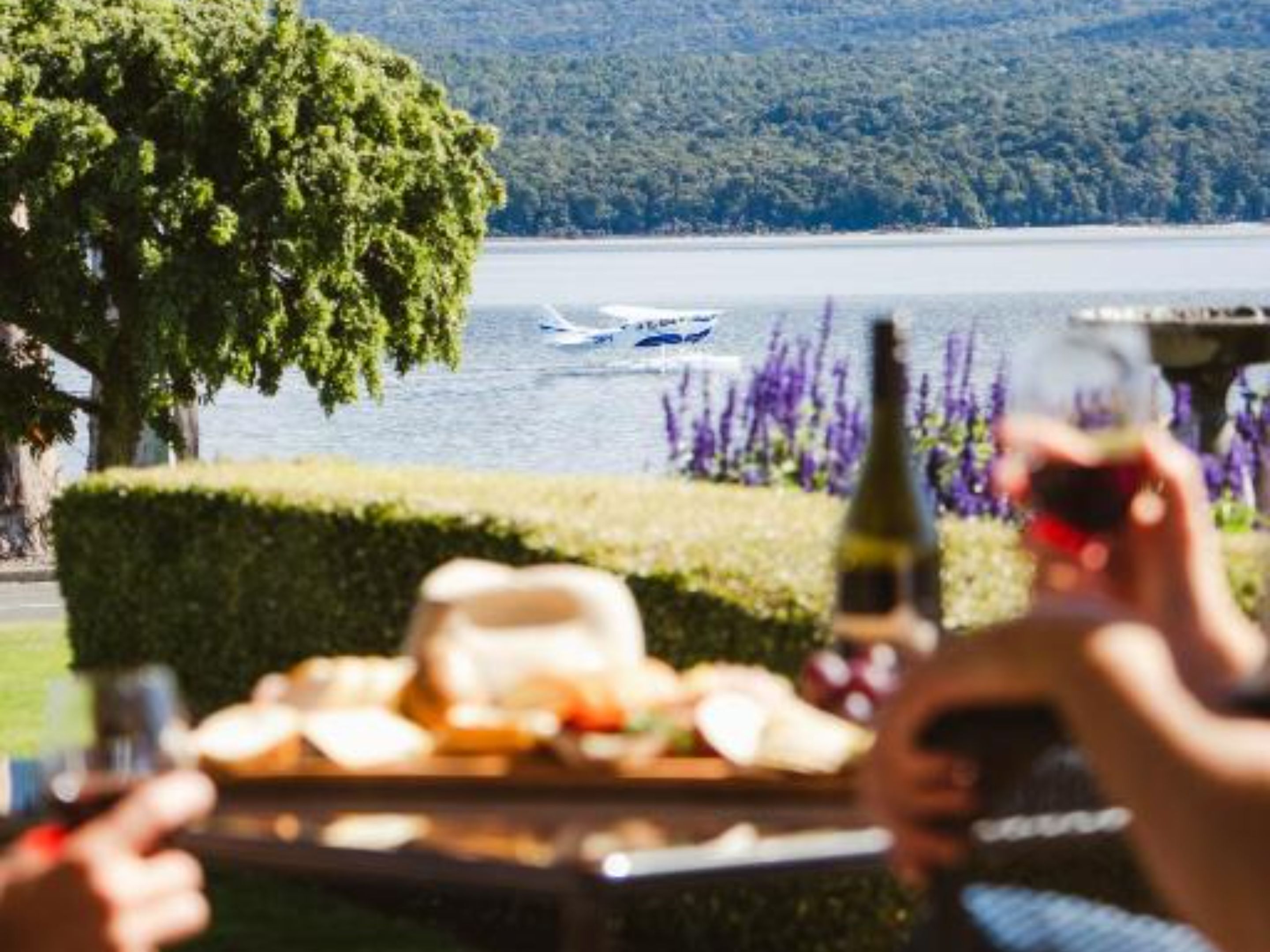 A lakeside view with a boat on the water, a picnic setup with food and drinks, and a large tree in the foreground.