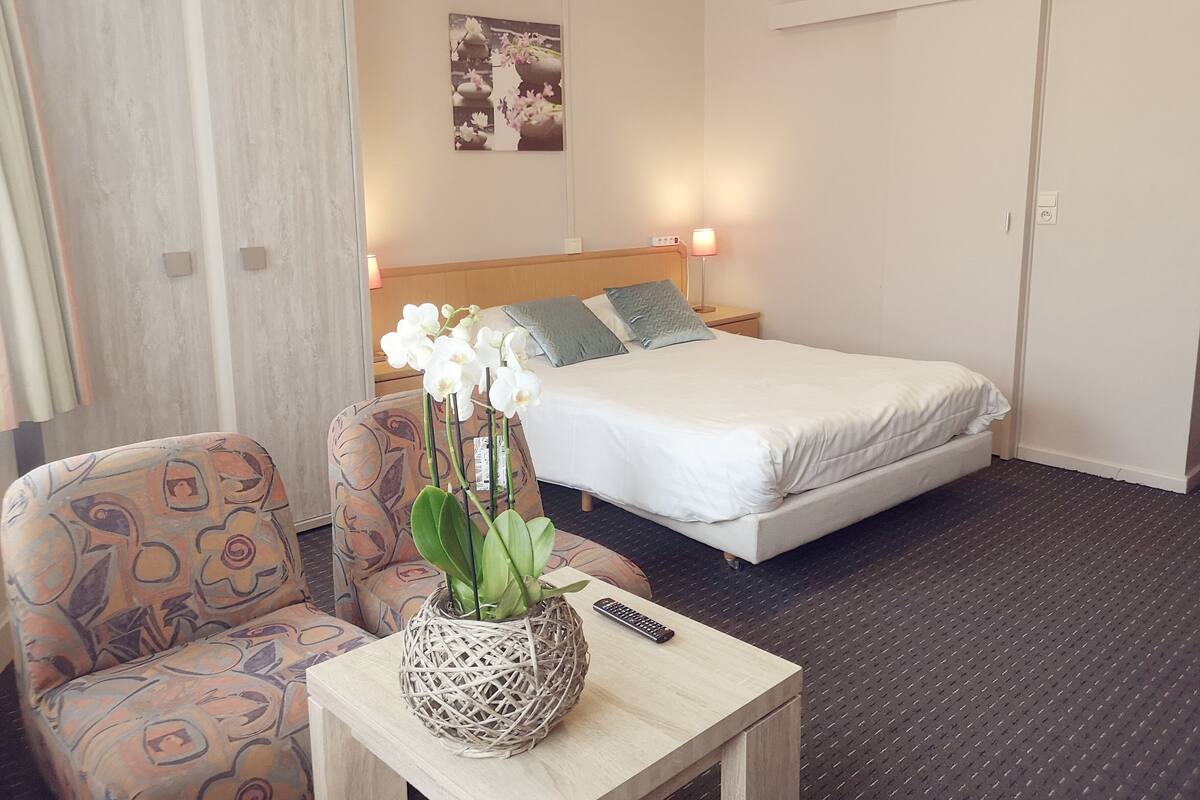 A hotel room with a bed, a chair, a small table with a plant, and a wall-mounted picture.