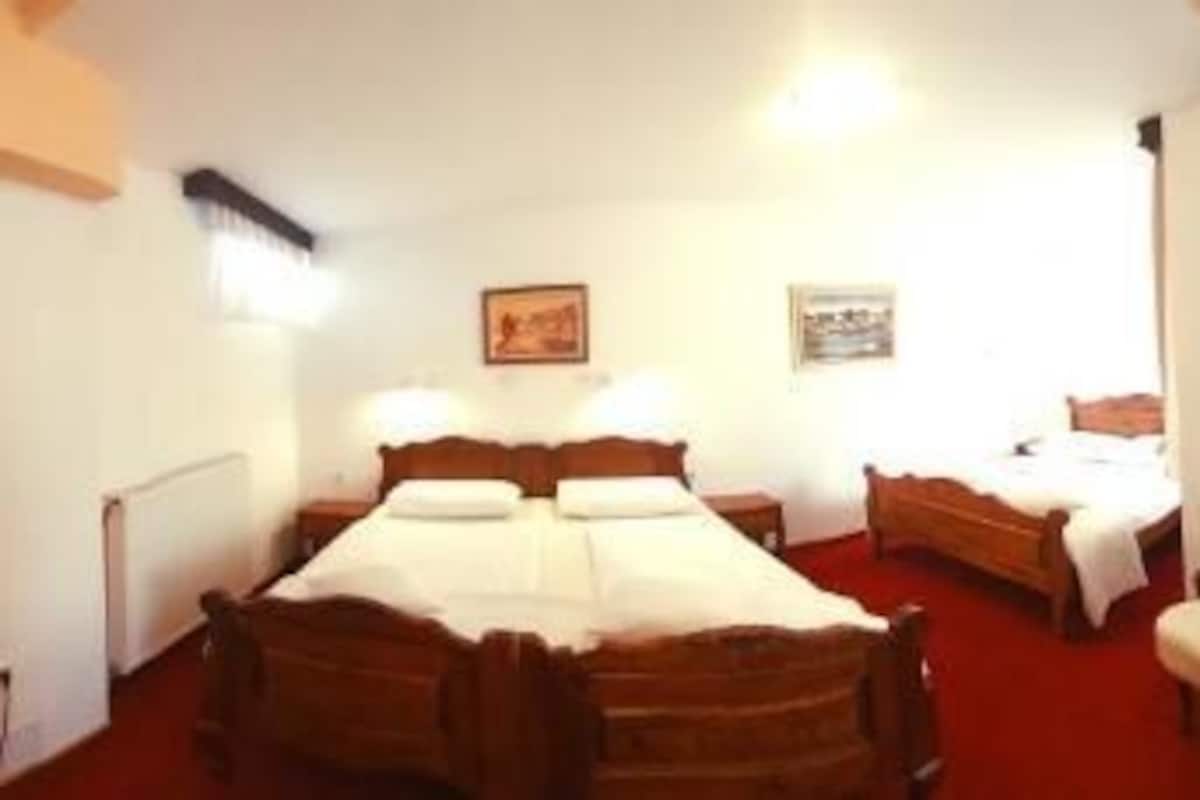 A hotel room with a large bed, a sofa, a TV, and a desk.