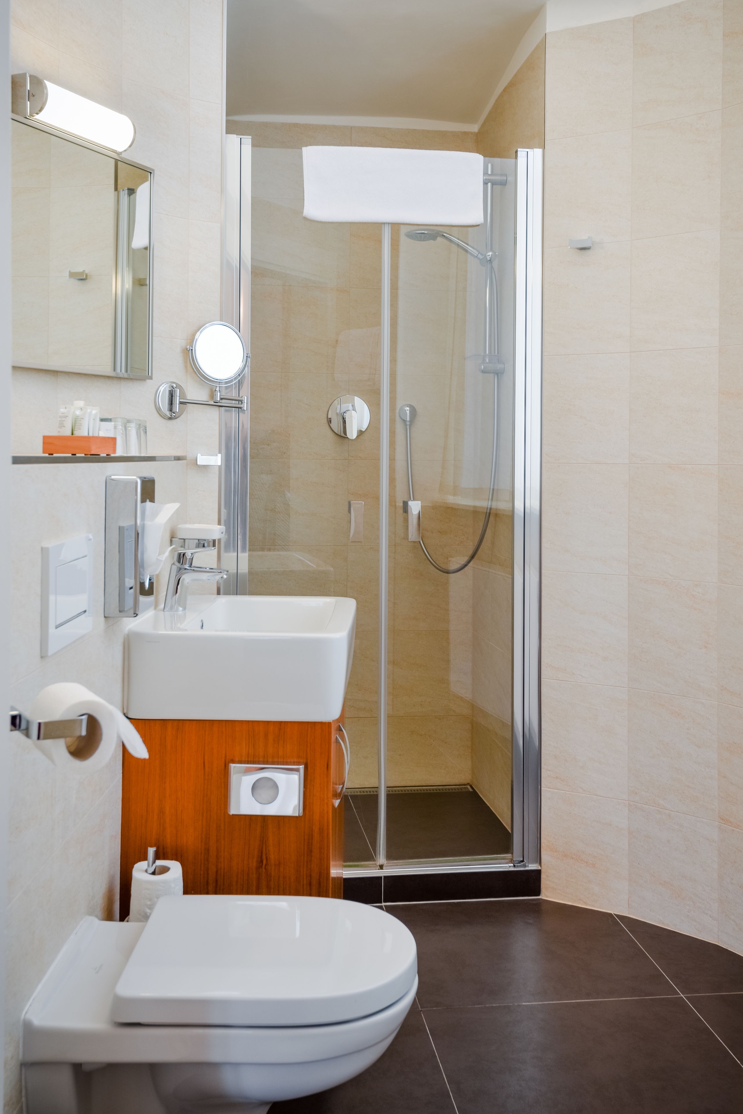 A modern bathroom with a glass-enclosed shower, a white sink, and a toilet.