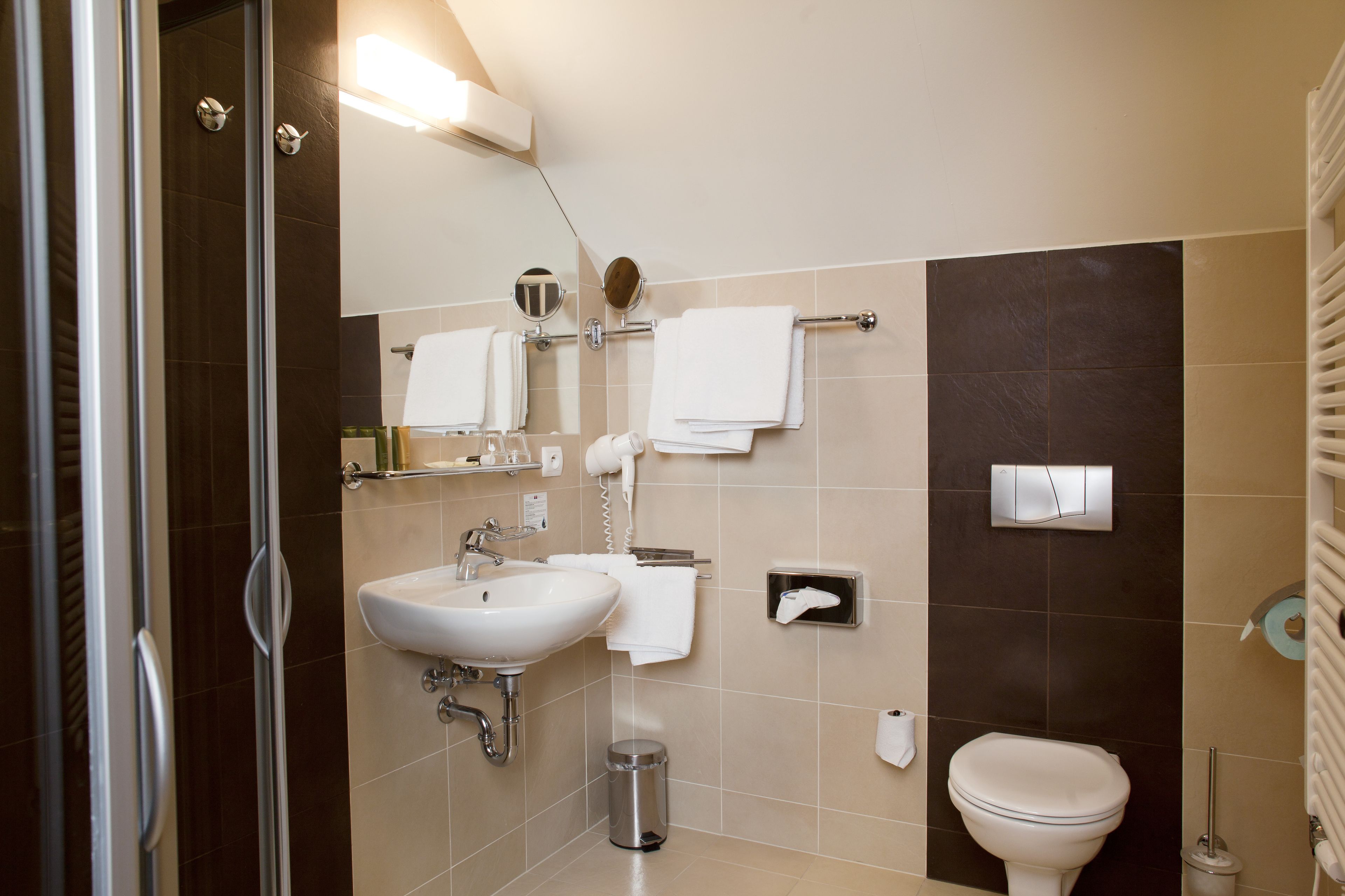 shower, free toiletries, hair dryer, towels