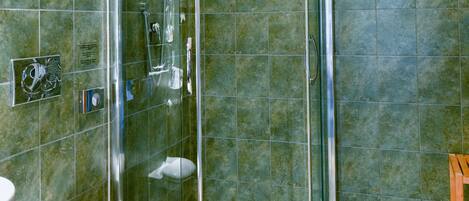 Un baño con ducha envuelta en vidrio, inodoro y lavamanos.