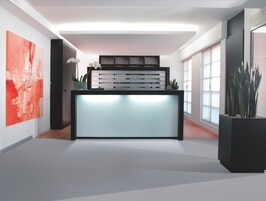 Un mostrador de recepción moderno con un panel iluminado, un cuadro abstracto de gran tamaño y plantas en macetas.