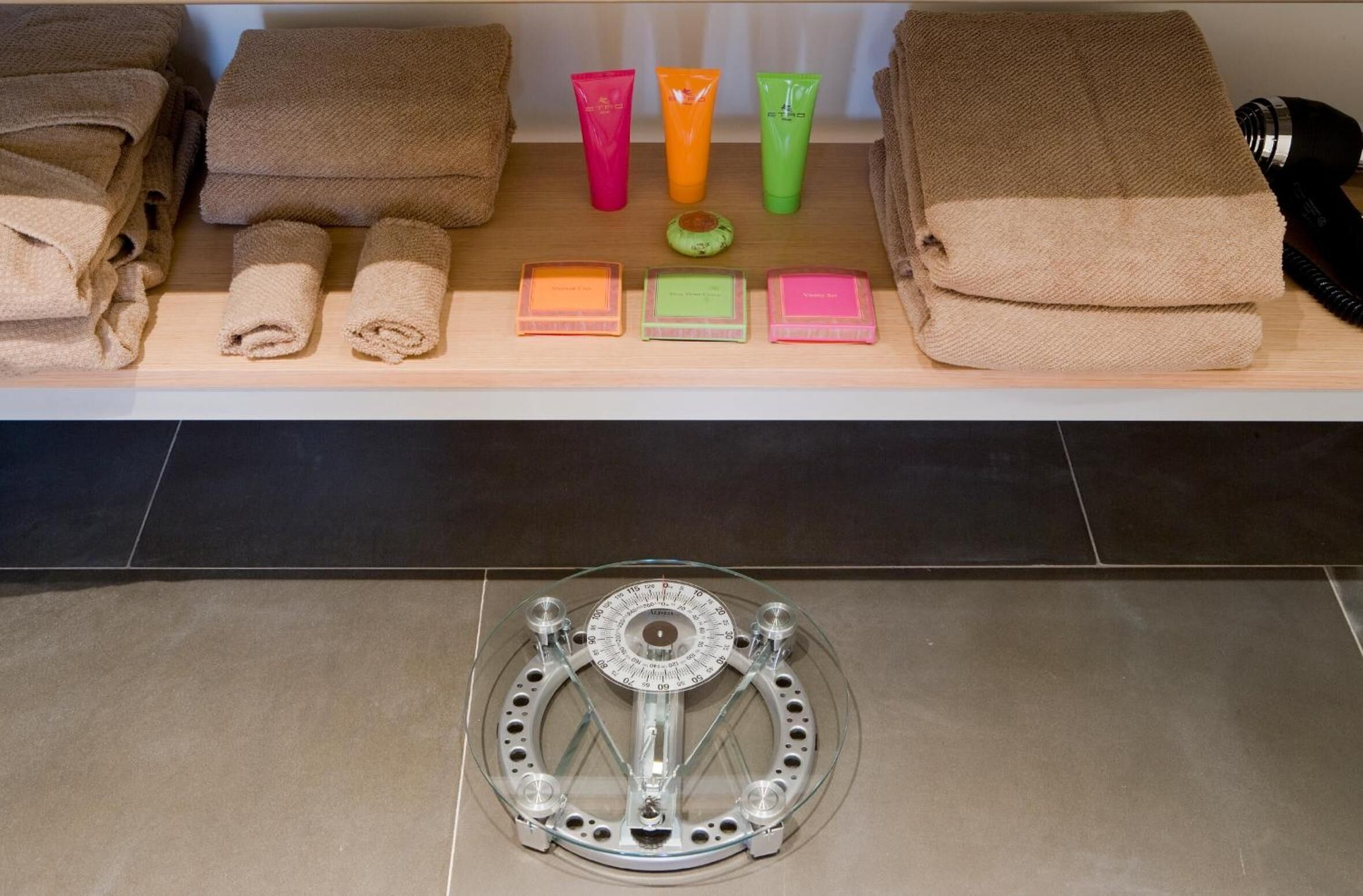 free toiletries, hair dryer, slippers, towels