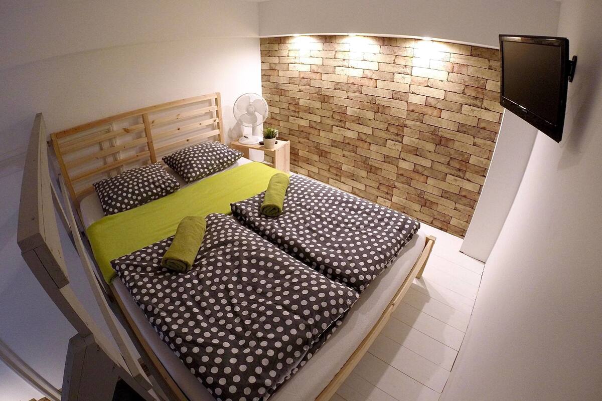 A single bed with a wooden headboard, a green blanket, and polka dot bedding. A small white table with a plant is beside the bed. A brick-patterned wall and a mounted TV are visible.