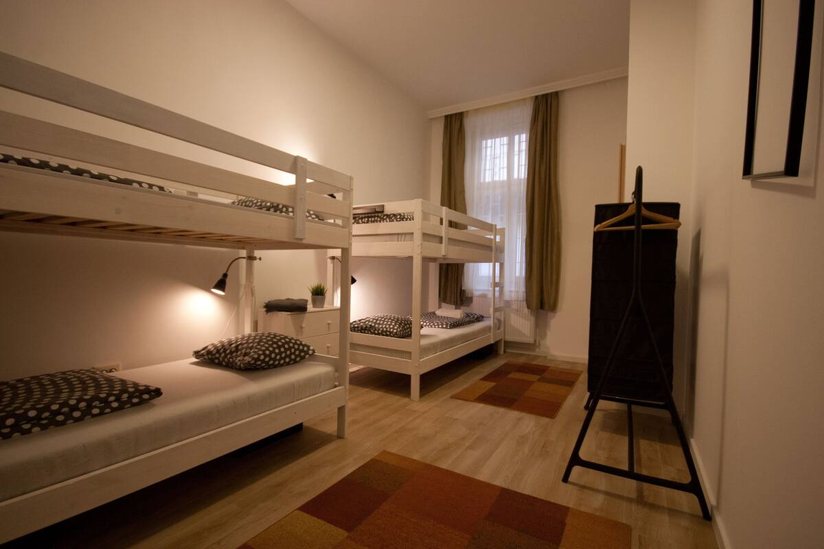 A room with bunk beds, a small table with a plant, and a black hanger on a stand.