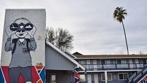 A motel with a mural of a cartoon character, a parking lot, and a palm tree. - Travel Inn (Redding)