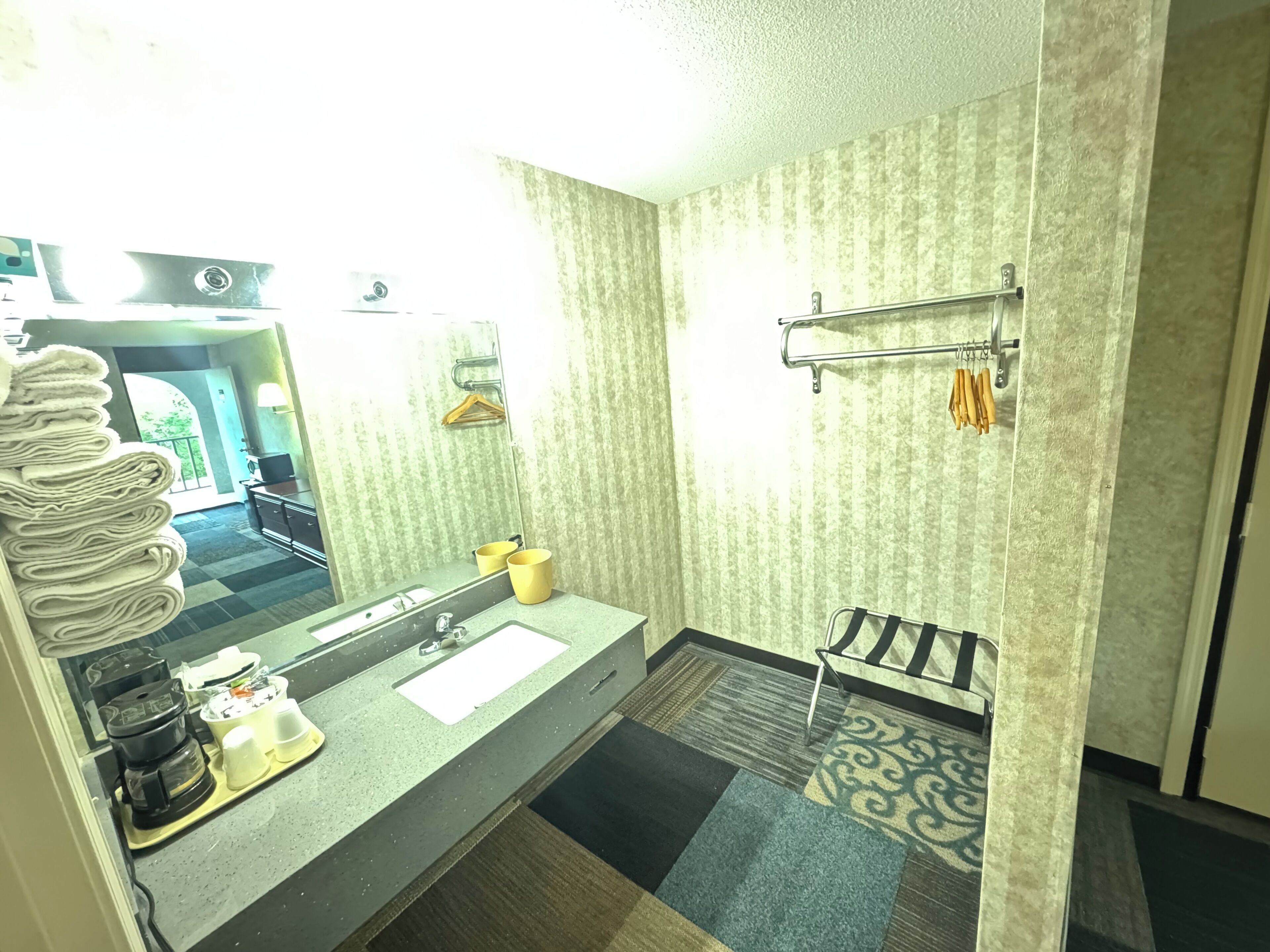 A bathroom with a sink, mirror, towel rack, and a view of the outside.