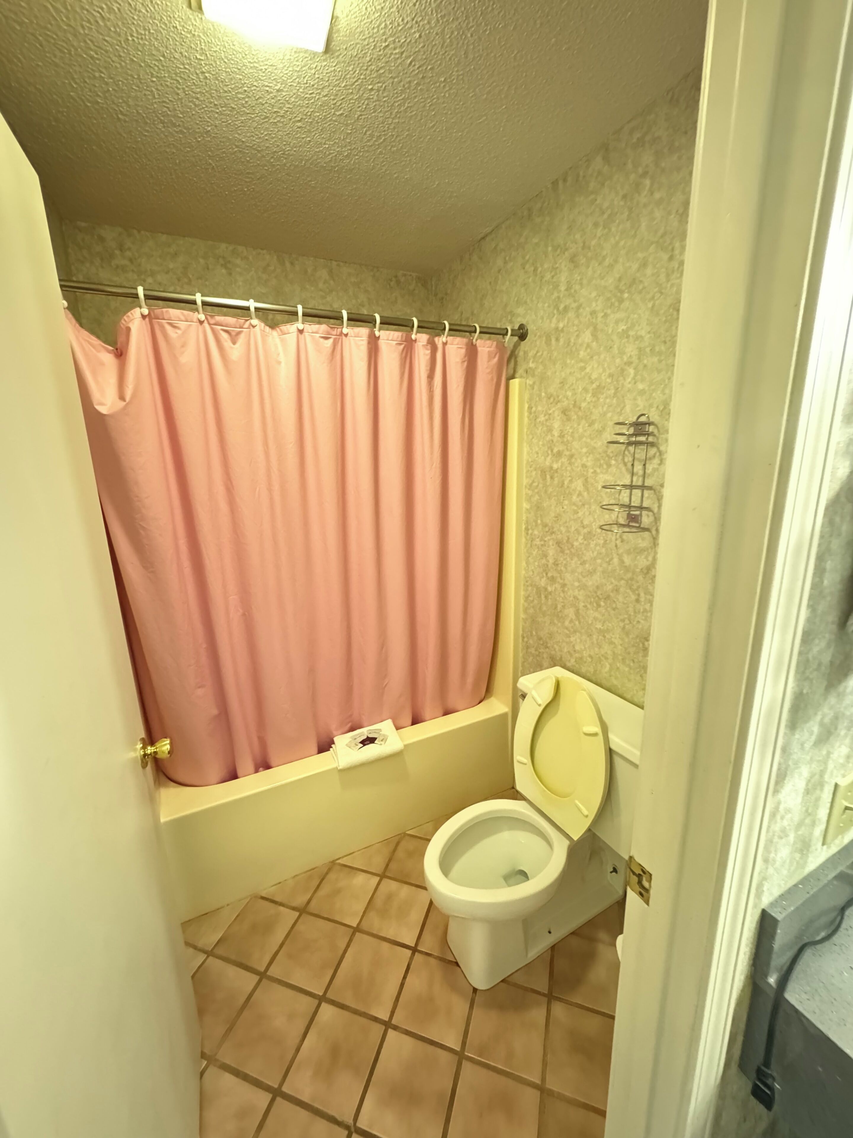 A bathroom with a toilet, a pink shower curtain, and a bathtub.