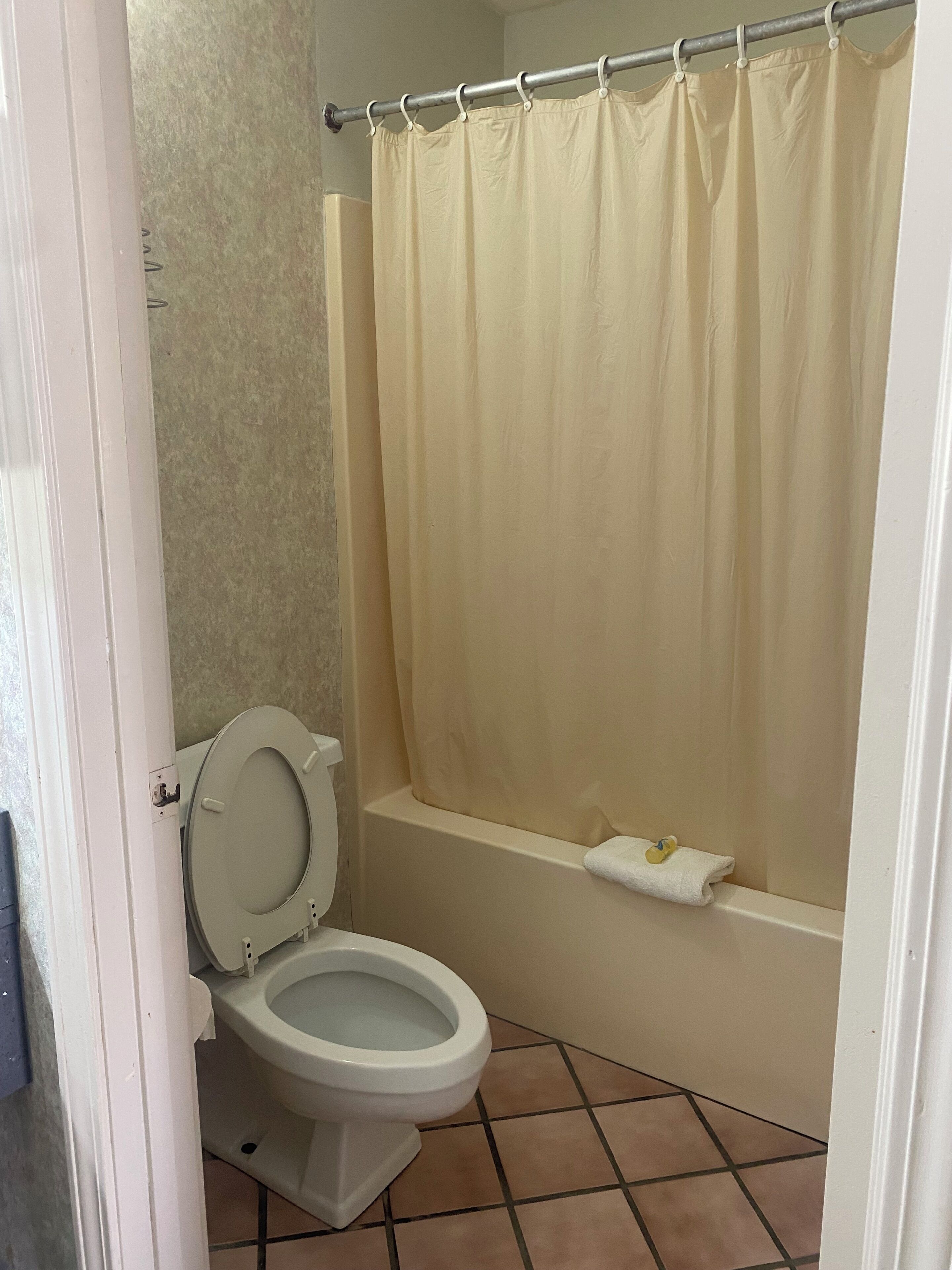 Un baño con inodoro, bañera y cortina de ducha.