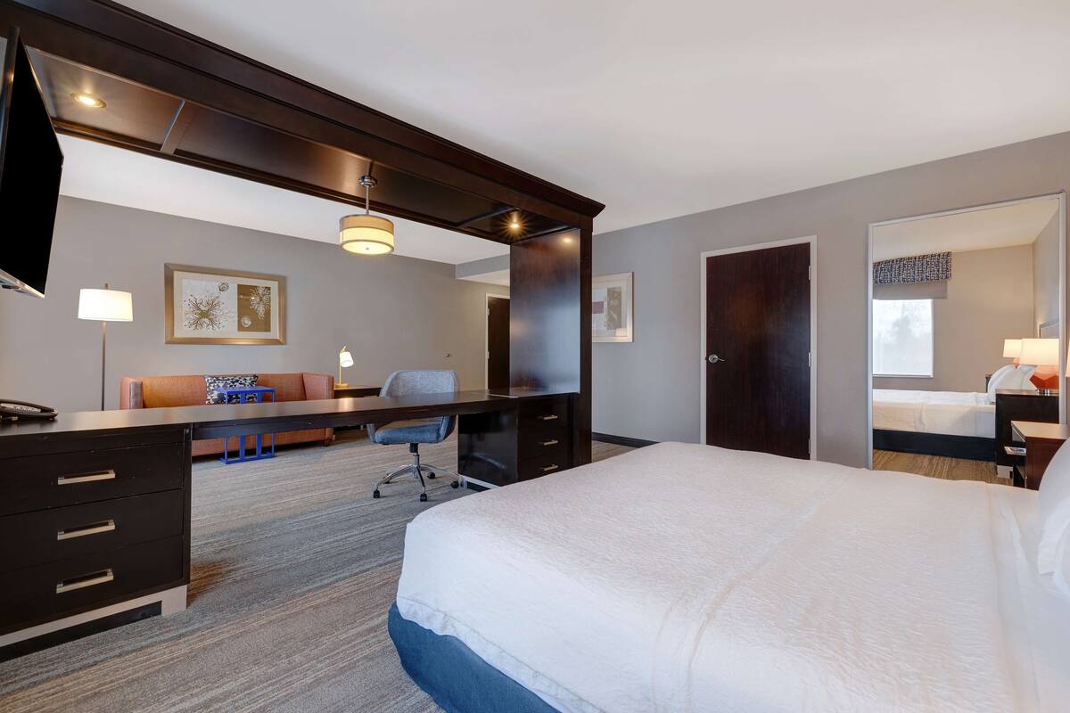 A hotel room with a large bed, a desk with drawers, a chair, a sofa, a TV, and a window with a view.