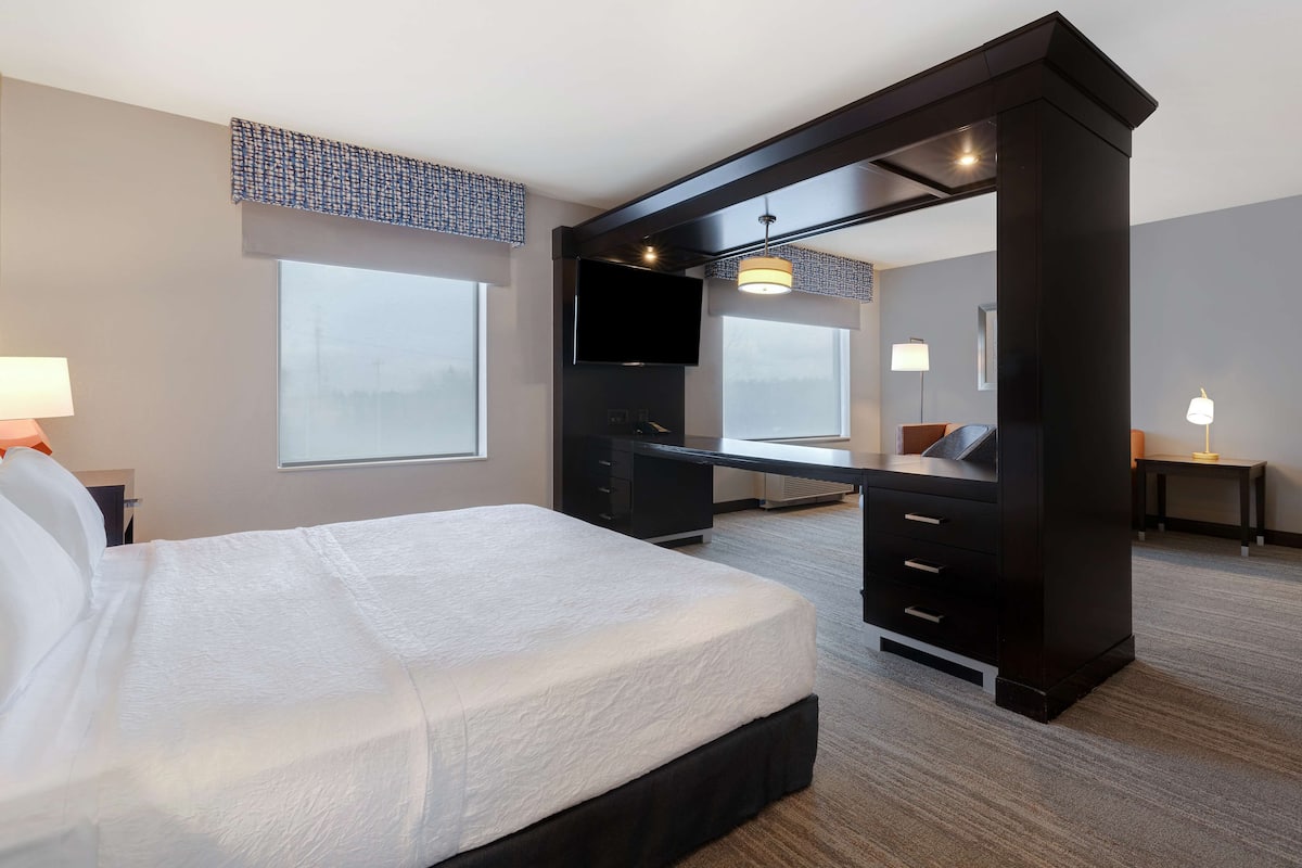 A hotel room with a large bed, a desk, a TV, and a mirror.