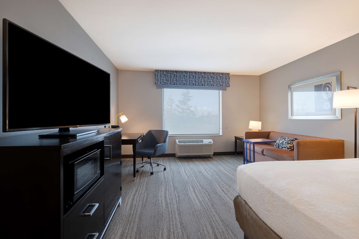A hotel room with a flat-screen TV, a desk with a chair, a sofa, a bed, and a window with a view of trees.