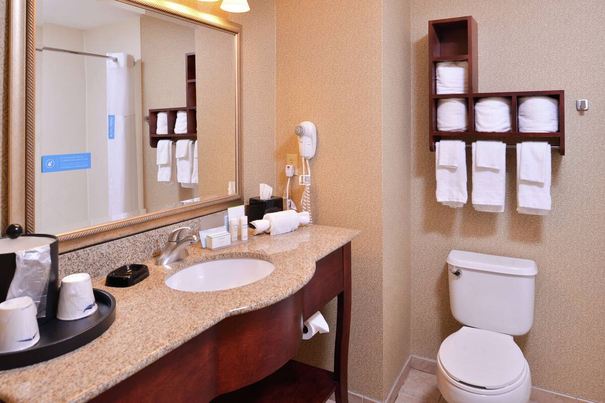 combined shower/bathtub, hair dryer, towels