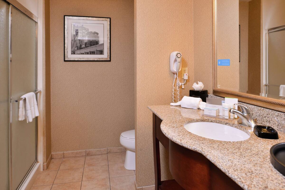 combined shower/bathtub, hair dryer, towels